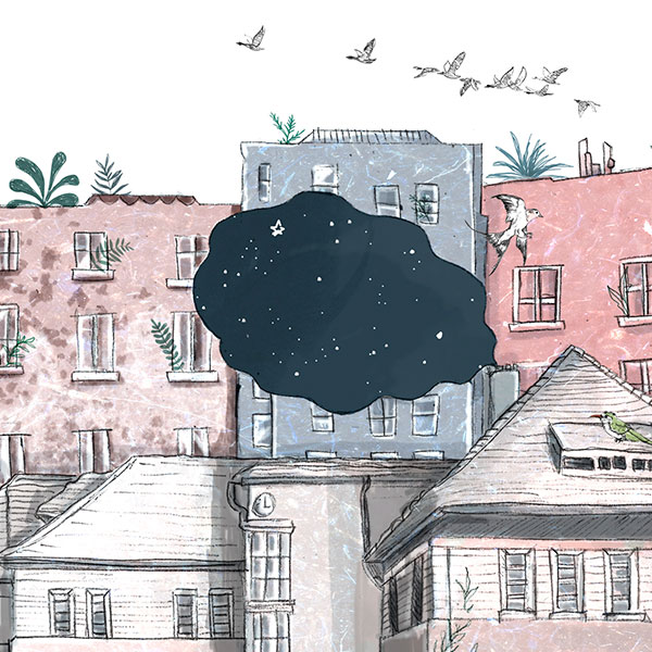 ilustración de ciudad con plantas y pajaros volando